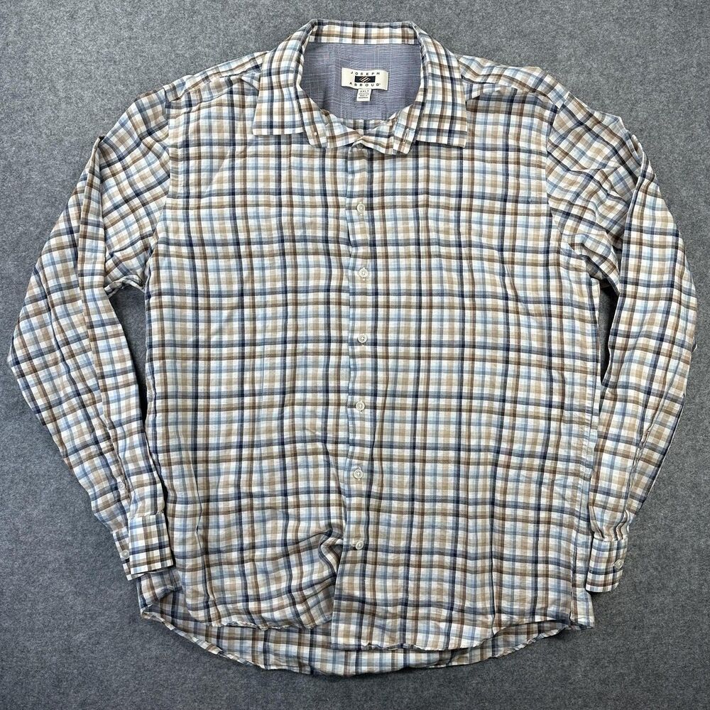 Joseph Abboud Shirt Mens 2XLT Blue Plaid Long Sleeve Linen Button Front Casual